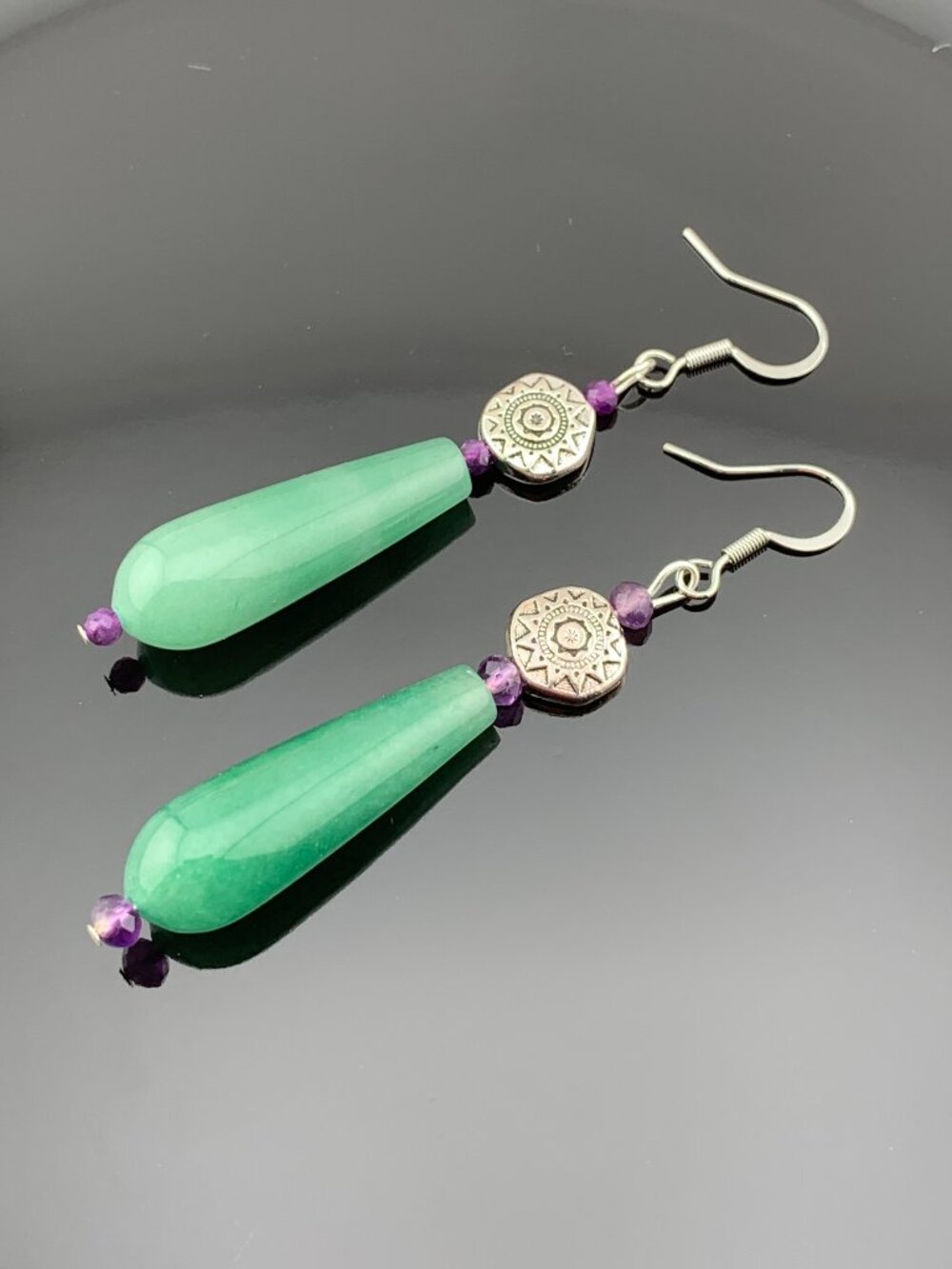 Green Aventurine Purple Amethyst Gemstone Beads Long Handcrafted Earrings LR212